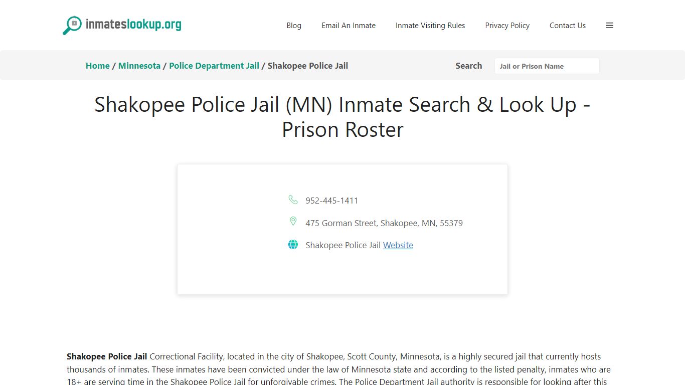 Shakopee Police Jail (MN) Inmate Search & Look Up - Prison Roster